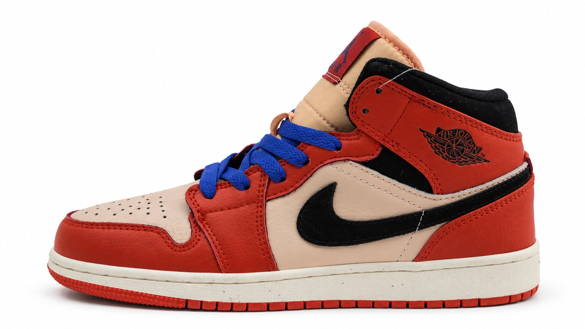 Air Jordan 1 Mid rouge beige noir avec lacets bleus