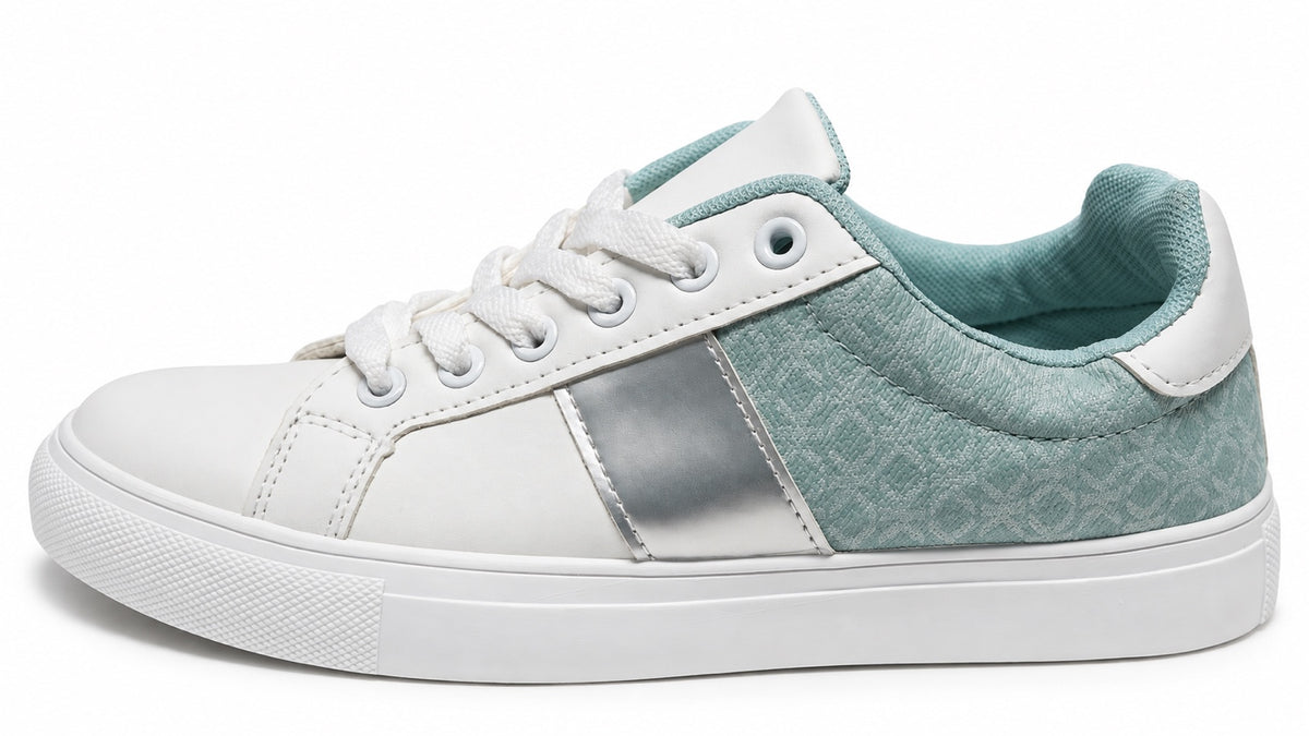 Sneakers femme blanc vert menthe et argent motif monogramme DENIZ